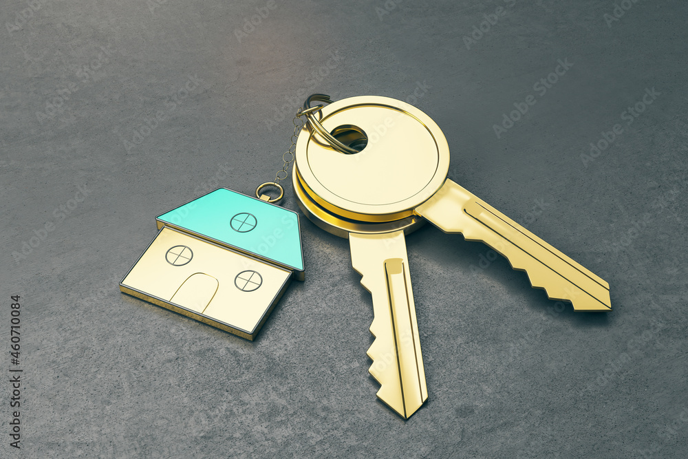 Poster close up of keys with house keychain on gray background. real estate and property concept. 3d render