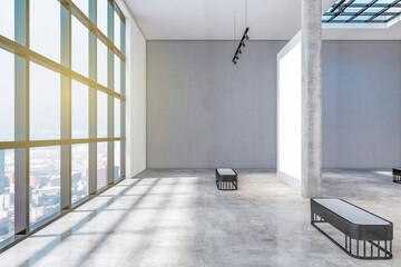 Fototapeta premium Bright concrete gallery interior with windows and city view, daylight, empty posters and shadows. Exhibition concept. Mock up, 3D Rendering.