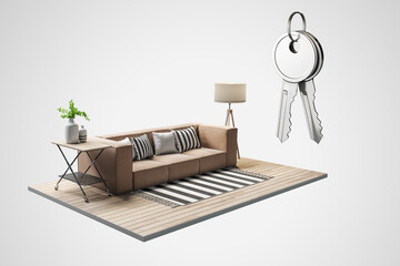 Creative couch and living room fragment on white background with silver keys. Mortgage and house purchase concept. 3D Rendering.