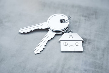 Close up of keys with house keychain on concrete surface background. Real estate and property concept. 3D Rendering.