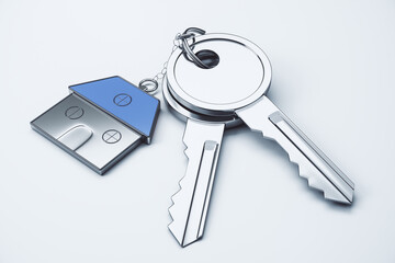 Close up of keys with house keychain on white surface background. Real estate and property concept. 3D Rendering.