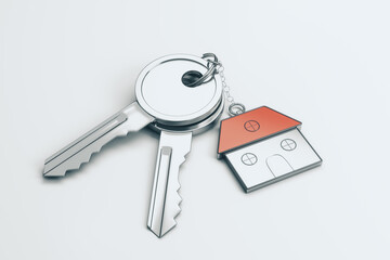 Close up of keys with house keychain on white desktop background. Real estate and property concept. 3D Rendering.