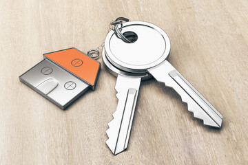 Close up of keys with house keychain on wooden table background. Real estate and property concept. 3D Rendering.