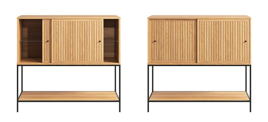 Modern bar cabinet with sliding wood doors and hidden glass shelving. 3d render