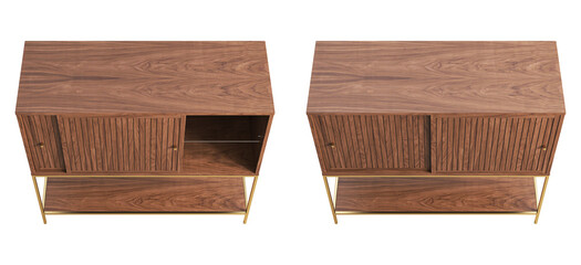 Modern bar cabinet with sliding wood doors and hidden glass shelving. 3d render