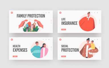 Family Protection Landing Page Template Set. Parents, Children Characters Stand under Huge Human Hands. Social Support