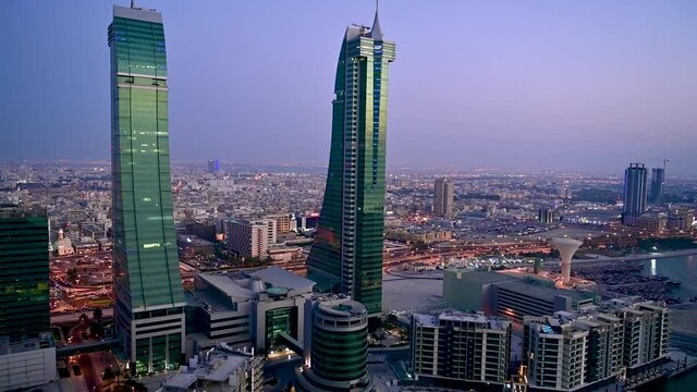 4K Aerial view of Manama city after sunset, Manama, Bahrain