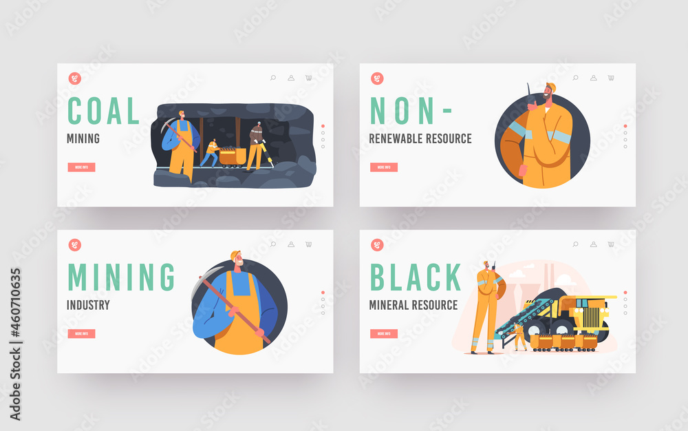 Poster coal mining landing page template set. extraction industry workers characters at quarry loading foss