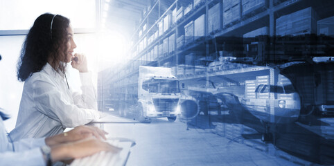Double exposure of customer support operator delivery industry and logistics concept container...