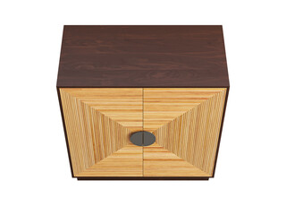 Modern bar cabinet with natural woven cane doors and modern circular handle pulls. 3d render