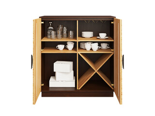 Modern bar cabinet with natural woven cane doors and modern circular handle pulls. 3d render
