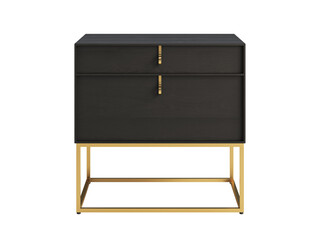 Modern nightstand with chic black wood frame, floating brass base and two spacious drawers. 3d render