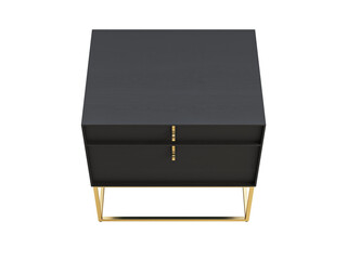 Modern nightstand with chic black wood frame, floating brass base and two spacious drawers. 3d render