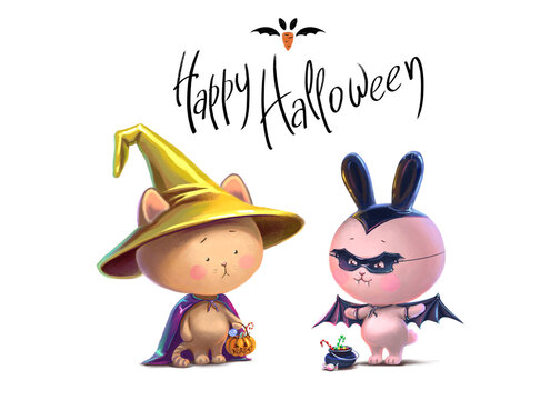 Digital illustration of a little cat in golden hat and banny rabbit dressed like a bat. Happy Halloween. Isolated on white background.