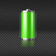 Full charged battery glowing with green light charging status indicator on transparent background - obrazy, fototapety, plakaty