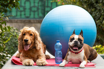 cute cocker spaniel and Boston terrier ready for pilates lesson, fitness concept photography, humorous photography.