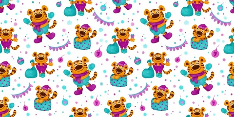 Hand drawn seamless pattern with New year’s tigers illustrations. Christmas background with tigers. Cute elements: gifts, Christmas tree toys and garlands 