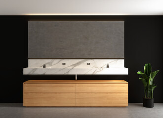 A minimal bathroom cabinet front of black wall. 3d rendering