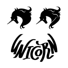 Obraz premium The Head of A Unicorn, two versions of silhouette with lettering incription. Vector art.