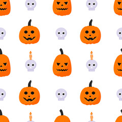 Halloween seamless pattern with pumpkin lanterns with carved faces and a skull with a candle. A backdrop for Halloween cards. Color vector illustration in a flat style. Elements are isolated on white.