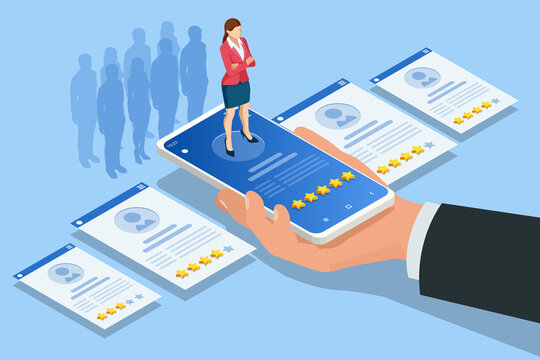 Isometric hiring and recruitment concept. HR job seeking. Online job search, human resource concept. Infographics of Business data visualization. Job interview, recruitment agency