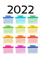 Calendar for 2022 isolated on a white background