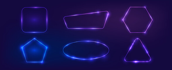 Set of six neon frames with shining effects