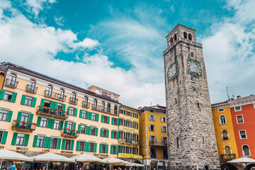 Riva del Garda, Italy - September 22, 2021: Colorful streets of the beautiful Italian town of Riva...