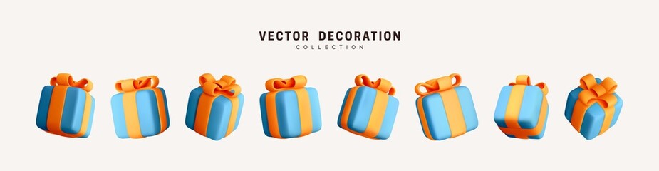 Set of realistic 3d gifts box. Holiday decoration presents. Festive gift surprise. Decor Isolated boxes. Vector illustration