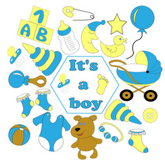 set of cute baby badges for newborn boy. The first items of children's wardrobe, items and accessories for newborns, clothes, toys, ball, balloon, moon, star, bottle of milk.