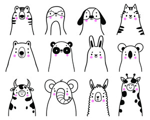 Set with funny lines animal portraits. Cute face and heads.Hand drawn style. Vector illustration