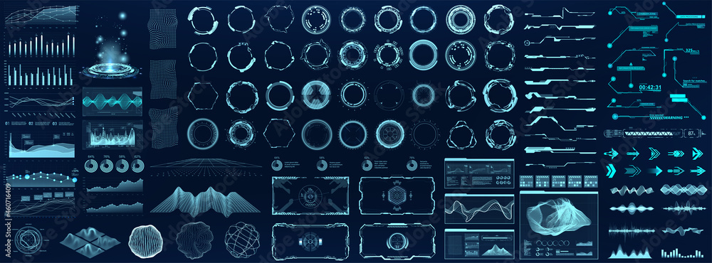 Poster Hi-tech elements HUD, UI, GUI. Vector collection futuristic user interface graphic design set. Cyberpunk digital elements - circles HUD,  charts, frame, buttons, bars UI, callouts, arrow. Vector
