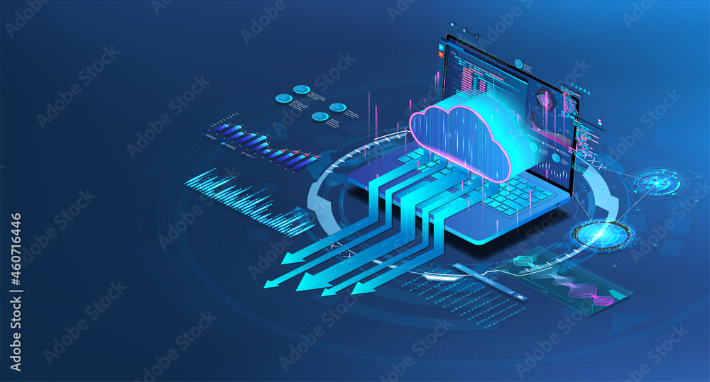 Poster Cloud storage with laptop in isometric. Data center with data exchange for hosting or cloud service. App or Network with computing technologies. Saas, Networks, Softs, Programs. Vector banner