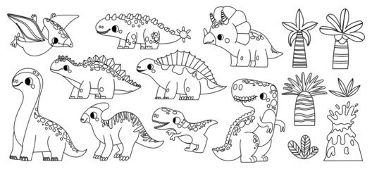 Set with little cute dinosaurs. Coloring book for kids. Collection in cartoon style with funny dinos on white background. Vector illustration.