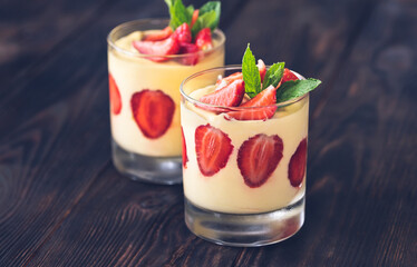 Mango custard with fresh strawberry