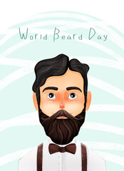 Image bitmap postcard for the world Beard Day a hipster man with a mustache and beard in a shirt and jacket