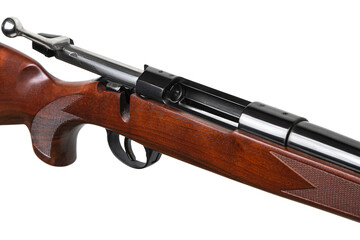 A classic bolt-action rifle with a wooden stock and mechanical sights. Weapons for hunting, sports and self-defense. Isolate on a white back