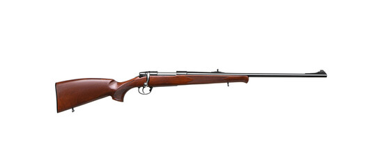 A classic bolt-action rifle with a wooden stock and mechanical sights. Weapons for hunting, sports...