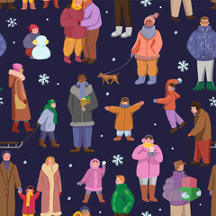 People in winter outerwear in outdoors. Different walking men, women, children, couple. Vector seamless pattern. Winter time ornament cartoon style. For holiday design, background, wallpaper, textile.