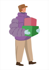 Man walking with gift boxes. Male in winter outerwear in outdoor. Flat vector illustration. Colored cartoon clipart isolated on white. Single element for holiday design, decor, print, card, sticker.