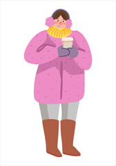 Woman with paper cup of coffee. Girl in winter outerwear in outdoor. Flat vector illustration. Colored cartoon clipart isolated on white. Single element for holiday design, decor, print, card, sticker