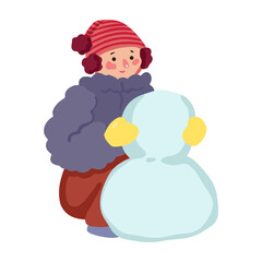 Little kid sculpts a snowman. Child in winter outerwear playing in outdoor. Flat vector illustration. Colored cartoon clipart isolated on white. Single element for design, decor, print, card, sticker.