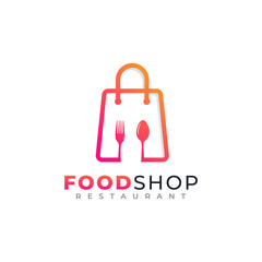 Food Shop Logo Design. Shopping Bag Combined with Spoon and Fork Icon Vector Illustration