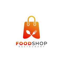 Food Shop Logo Design. Shopping Bag Combined with Spoon and Fork Icon Vector Illustration