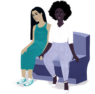 recommend clip art: Linda pareja de mujeres en el parque sentadas en un banco. Orgullo gay, amor libre.