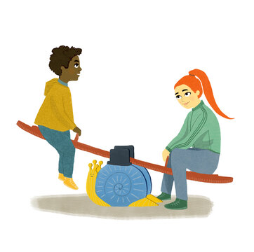 recommend clip art: Niños jugando en parque infantil sobre fondo blanco.