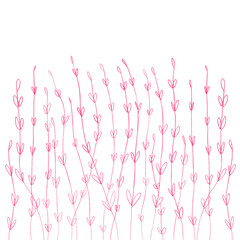 Ilustraci&oacute;n, ramas y hojas rosas sobre fondo blanco. Flores, primavera, belleza.