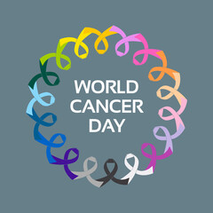 Ilustración día mundial contra el cáncer en inglés. Lazos solidarios multicolor.  - obrazy, fototapety, plakaty