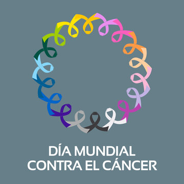 Ilustraci&oacute;n d&iacute;a mundial contra el c&aacute;ncer. Lazos solidarios multicolor. 