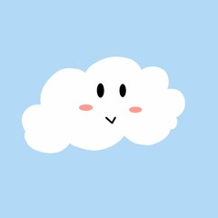 blue sky with white clouds with kawaii face. Cute eyes, pink cheeks and smiling lips